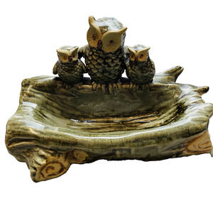 Ceramic Pottery Owls on a Log Dish Bowl Green Glazed‎ Mama Babies Rustic Cabin